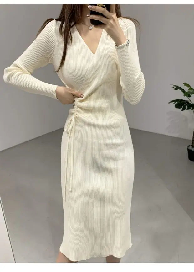 Chic V-ne Pleated Dstring Slimming Mid-length Wrap Body Knitted Dr Women's Sweater Dr Korean Sle High Waist A-line