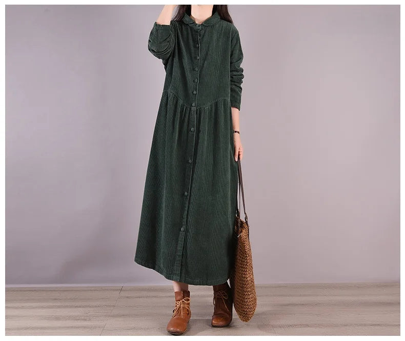 Retro Pure Color Corduroy Dr Loose Casual Long irt Dr Women's A-Line Skirt Long Sve  Collar Single Button Closure