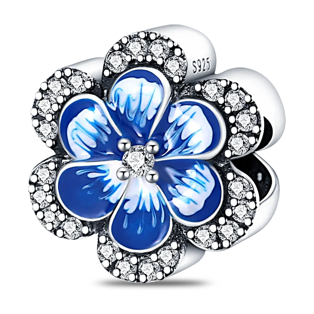 925 Sterling Silver Blue Series Charm | Dragonfly, Butterfly, Bird & Pansy Flower Pendant for 4MM Bracelet