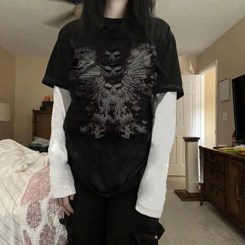 Y2K Grunge Emo Vintage T-Shirt | Gothic Patchwork Long Sleeve E-Girl Cyber Goth Streetwear Top