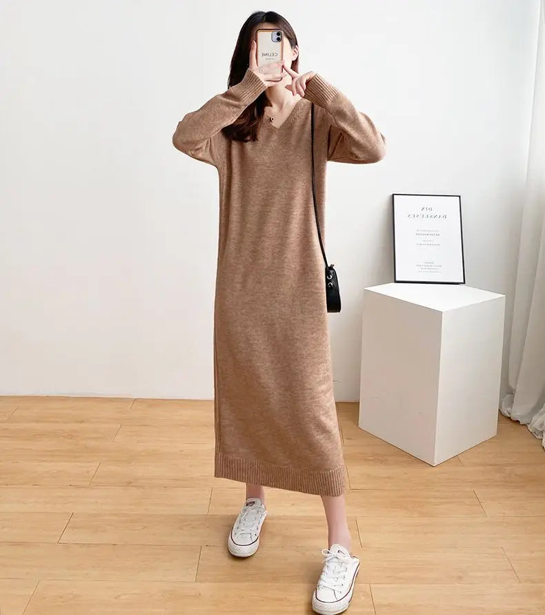Ladies’ Knitted V-Neck Dress – Loose Fit Base Layer Skirt, Casual Straight Tube Korean Style Autumn Winter Dress