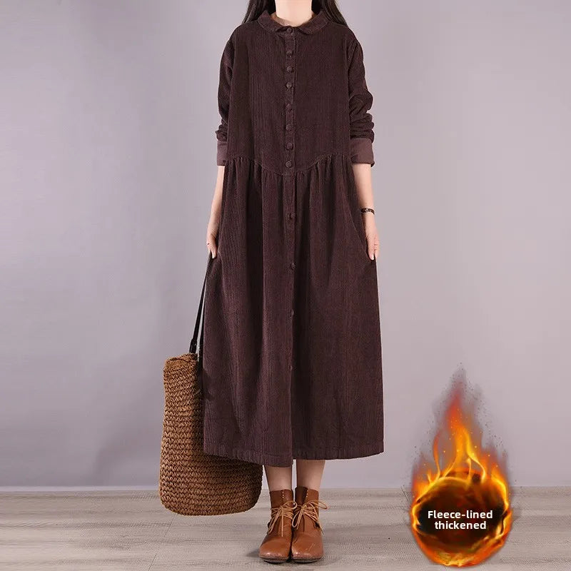 Retro Japanese Style Long Sleeve Corduroy Dress – Thick Fleece-Lined A-Line Winter Dress for Women | Solid Color