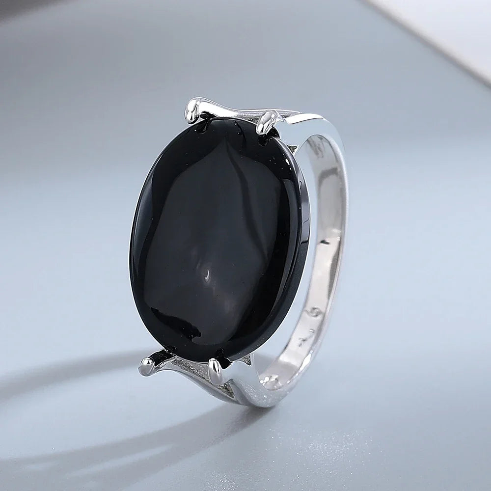 925 Sterling Silver Oval Black Agate Ring – Vintage Natural Gemstone Jewelry for Men & Women Party Gifts
