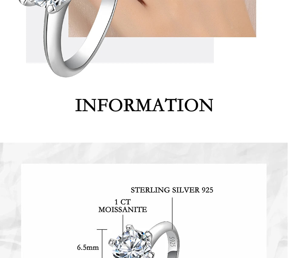 PERFANY 1–5CT Moissanite Ring for Women | S925 Pure Silver Six-Claw GRA Certified