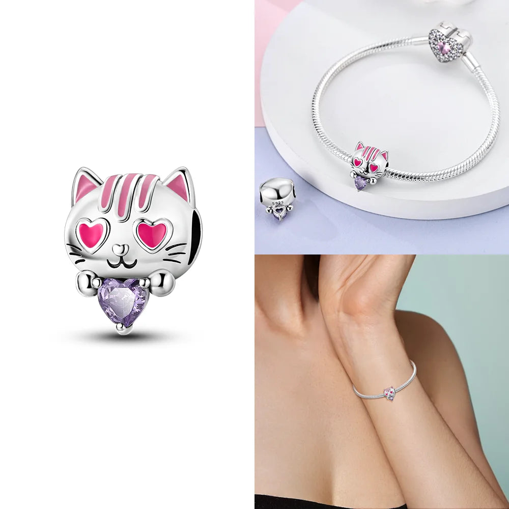 Original 925 Sterling Silver Pink Zircon Cat Dog Squirrel Red Heart Bead | Fit Bracelet Women DIY Jewelry Gift