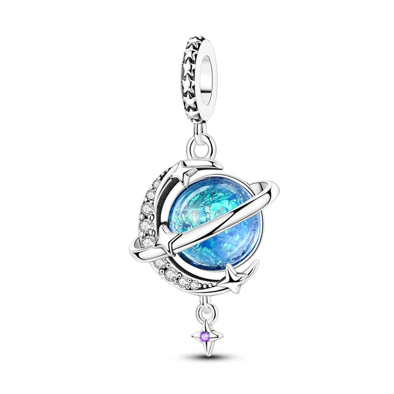 Blue 925 Sterling Silver Rotating Evil Eye Palm Moon Starry Sky Charms | Fit Original Bracelet Pendant Women Jewelry