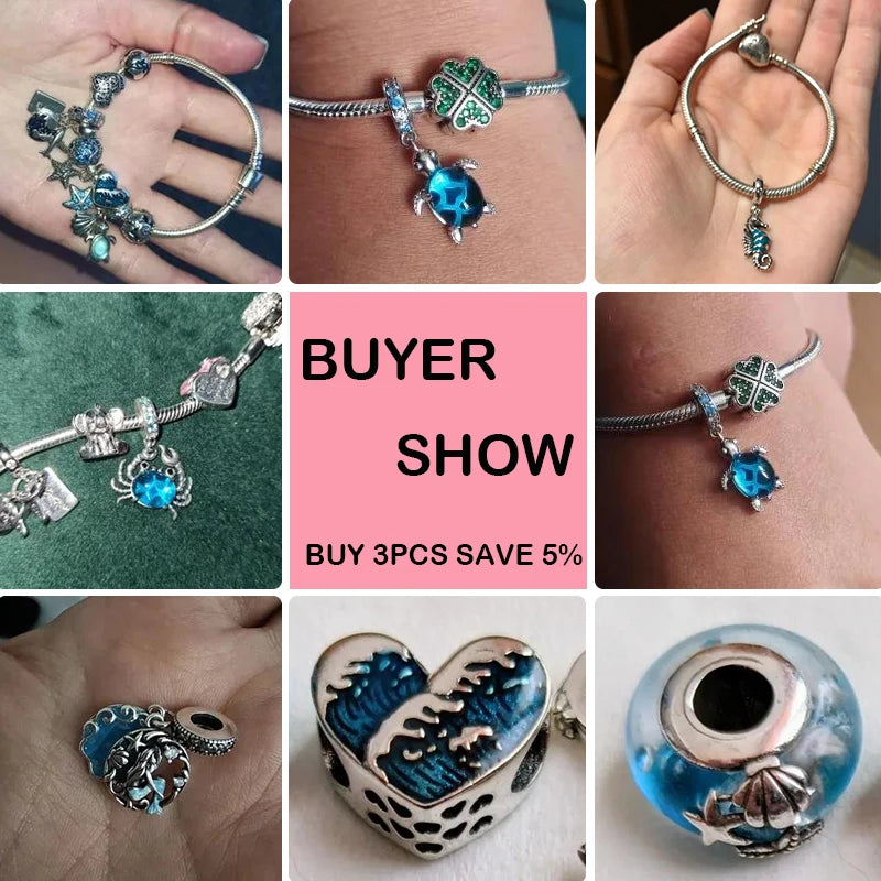 Blue Ocean Series 925 Sterling Silver Turtle Crab Mermaid Charms for 3mm Bracelet