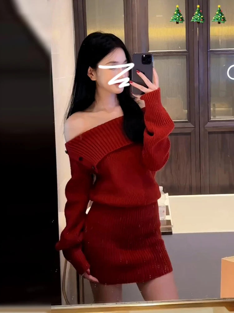 Early Autumn Red Wrap Bodycon Dress for Women 2025 – Knitted Pure Color Slim Fit Waist Dress