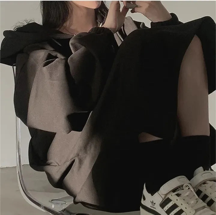 Chic Winter College Long Hoodie Dress ❄️ Lazy Fleece A-Line Side Slit Dress 👗 Pure Color Polyester Fiber 🧵