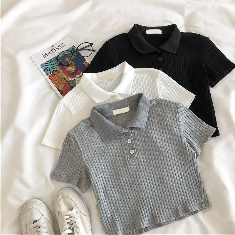 Women’s Knit Polo Neck Cropped Shirt – Summer Short Sleeve Solid Color Youthful Top 👚☀️