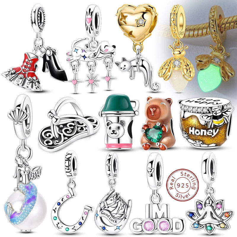 New 925 Sterling Silver Animal & Symbol Charms Beads – Capybara, Firefly, Puppy, Cat, Horseshoe Pendants Fit Bracelets & Bangles