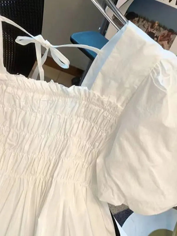 Summer 2025 New Sle Square Collar Pleated ort Sve Doll irt Women Small Size Bubble Sve Chiffon Blouse Top