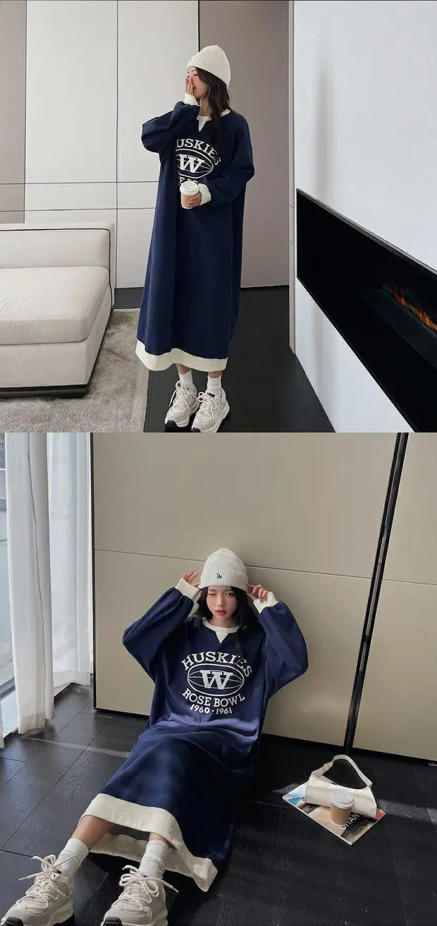Plus Size Korean Style Loose Casual Sweatshirt Dress – A-Line Skirt, Long Sleeve Mid-Length | Weight Loss Friendly