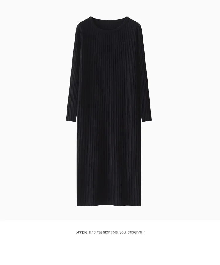 Elegant Knitted Midi Dress for Women – Knee-Length Base Layer Dress, Autumn Winter Polyester One-Step Skirt