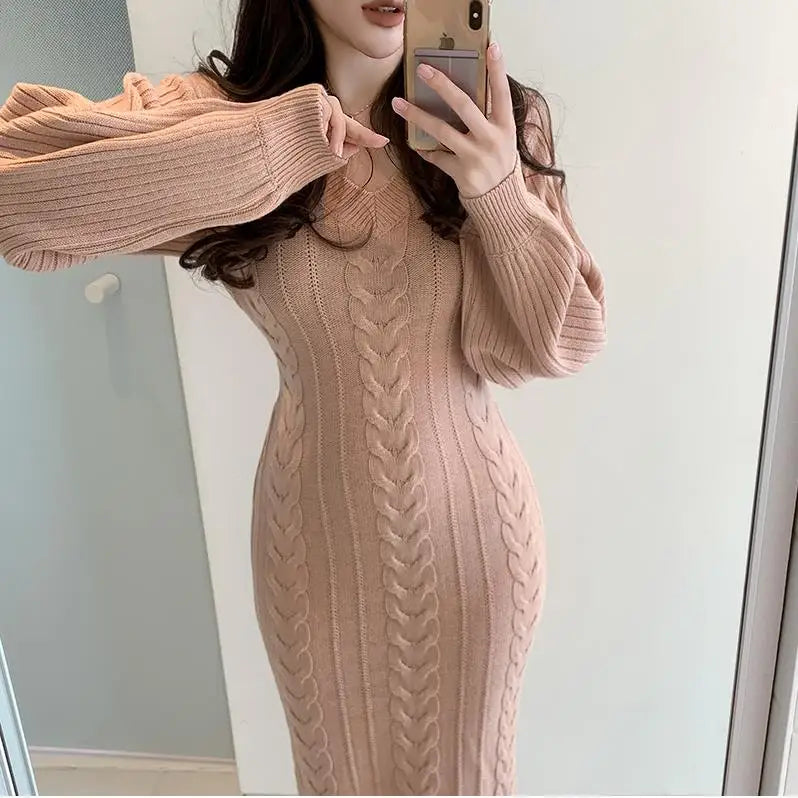 Women's V-Neck Knitted Sweater Bodycon Dress – Autumn Winter Long Lantern Sleeve Slim Fit Fashion Dress