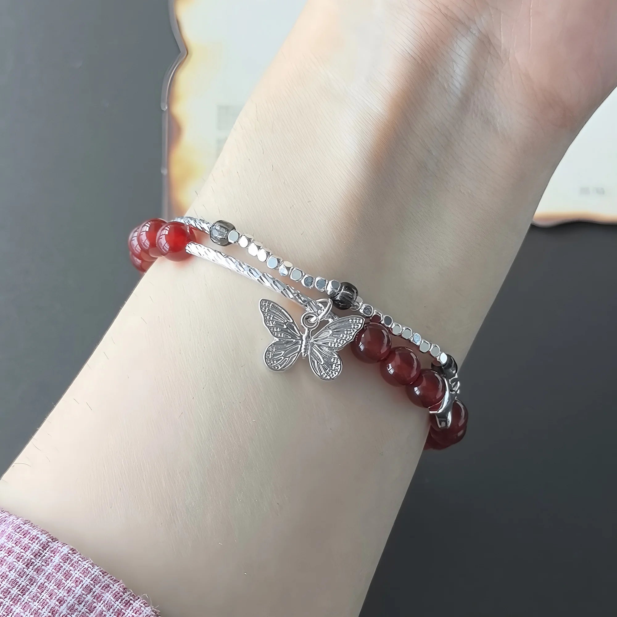 VENTFILLE 925 Sterling Silver Red Agate Bracelet | Flower Pendant Lucky Bead | Original Jewelry Gift for Women