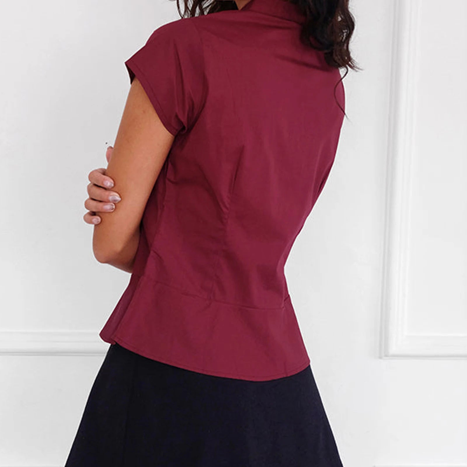 Women’s Summer Slim Fit Shirt – Solid Color Short Sleeve Lapel Button Down Pleated Top Streetwear