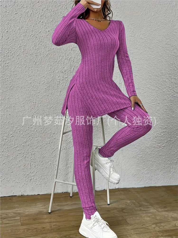 Women’s Knitted 2-Piece Set 🌸 V-Neck Pullover & Trousers Spring/Autumn ✨