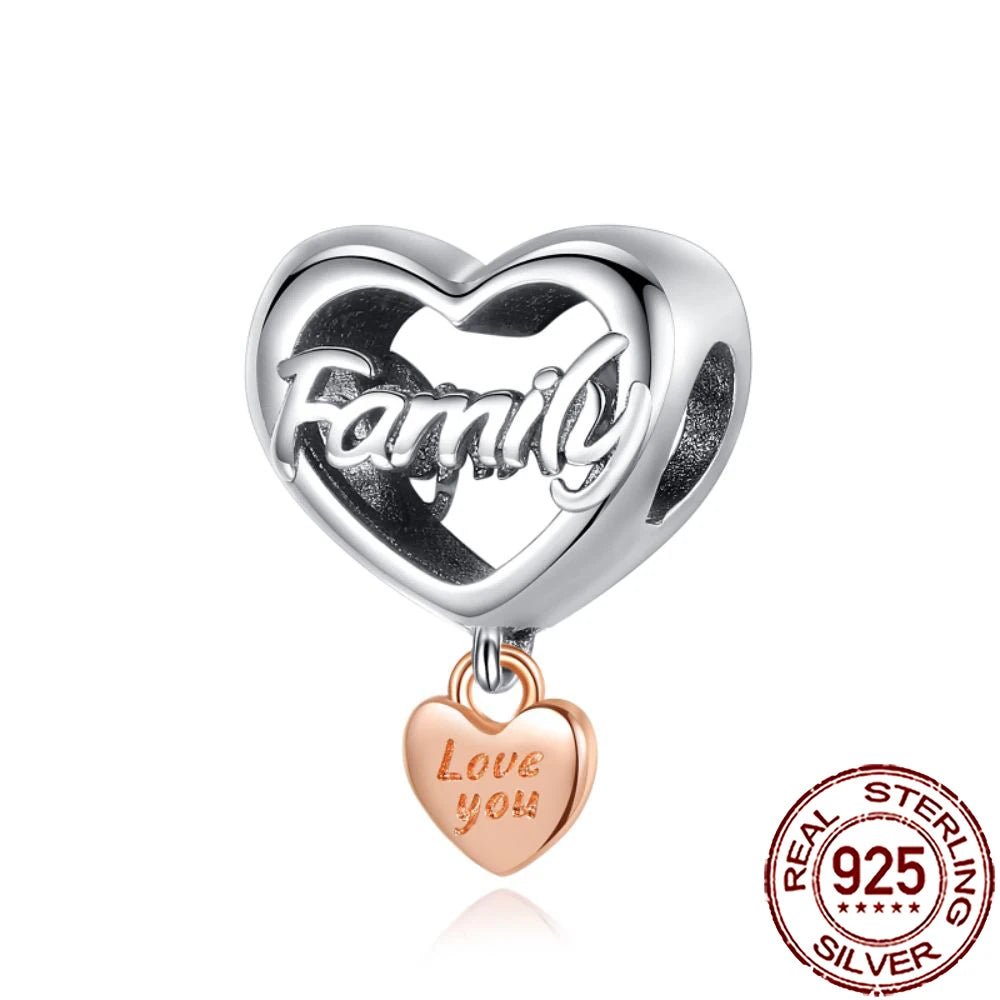 2025 New 925 Sterling Silver Family Love Heart Charm Beads | Sister, Daughter & Mother Pendant for Bracelets & DIY Jewelry