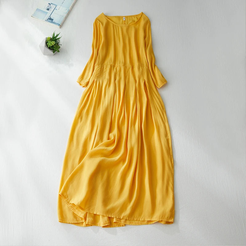 Elegant Lightweight Draped Dress for Women – Artistic Loose Cotton Linen Robe, Summer Airy Flowing Long Skirt, Travel & Vacation Outfit