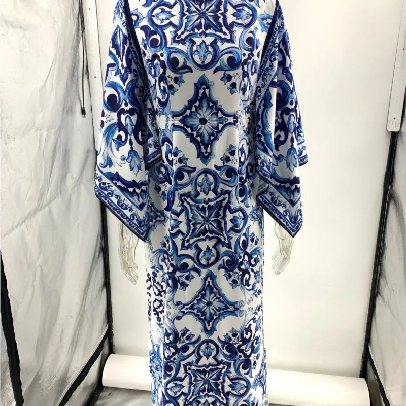New Spring O-Neck Long Sleeve Maxi Dress for Women | Elegant Loose Commuting Dress | Blue & White Porcelain Print with Side Split