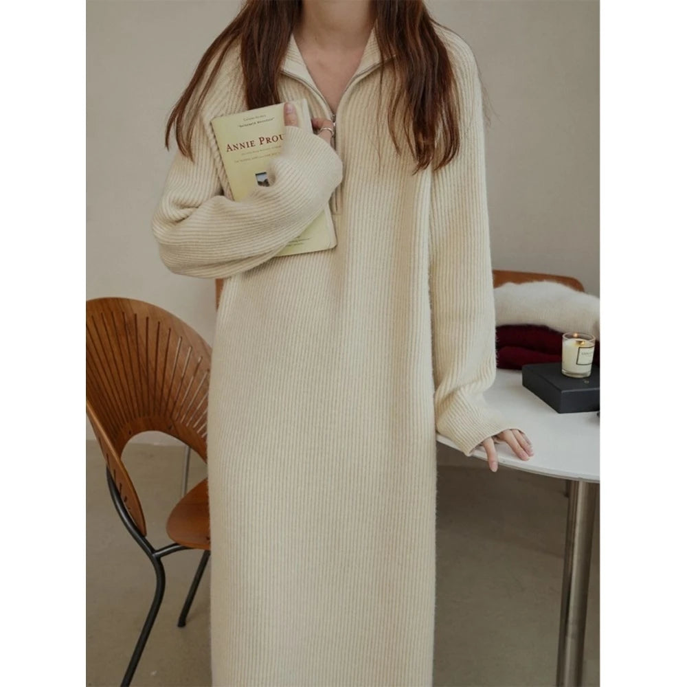 Plus Size Women's Knitted Midi Dress – Casual Loose Waist H-Shape Straight Tube Skirt, Long Sleeve Pure Color Polyester Fiber