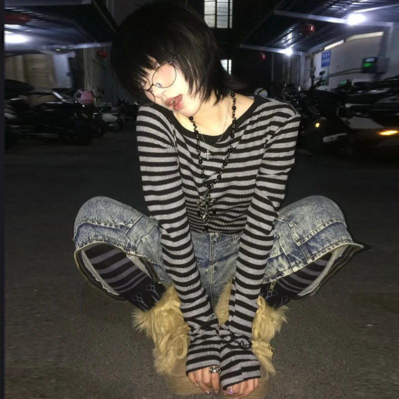 Genayooa Japanese Y2K Off Shoulder Striped Crop Top | Women's Long Sleeve Grunge Streetwear T-Shirt