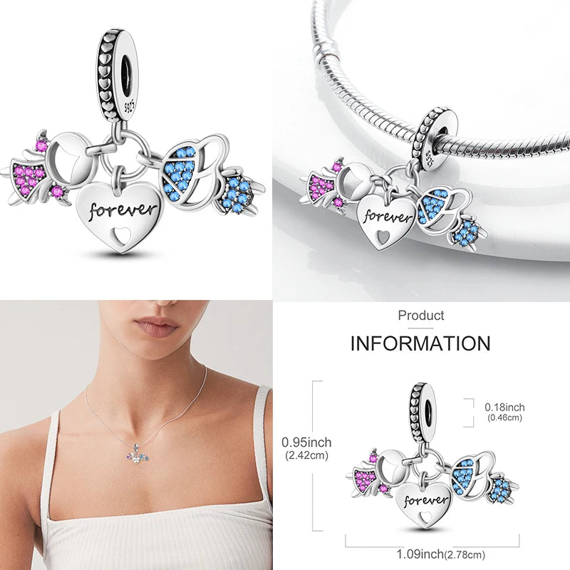 Original 925 Sterling Silver Girls Charms | Love Heart & Family Bead Pendant for Bracelets, Women’s Jewelry Gift