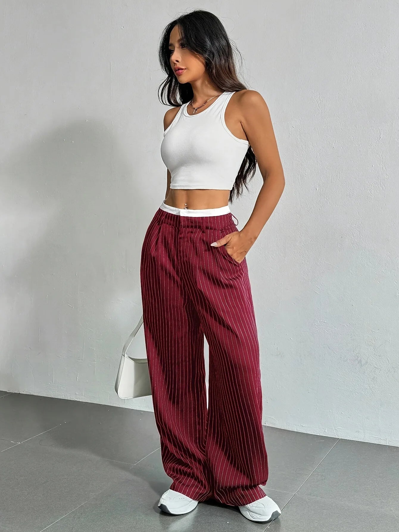 Women’s High Waist Straight Leg Pinstripe Trousers | Office & Casual Striped Dress Pants with Pockets
