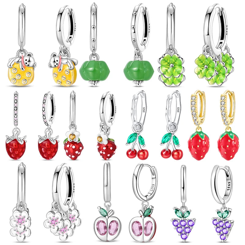 Original 925 Sterling Silver Fruit Series Earrings | Cherry & Strawberry Zircon Hoop Studs for Women Girls Party Jewelry