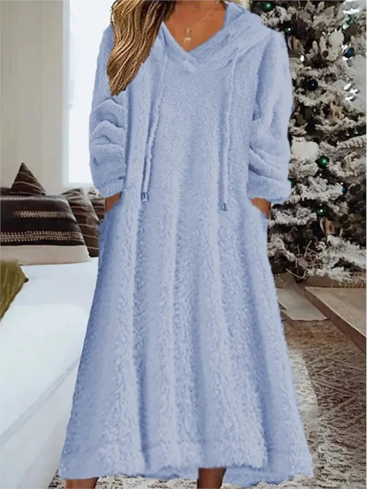 Autumn Winter Plush Hooded Maxi Dress for Women – Casual Long Sleeve Loose Warm Home Wear | Robe Femme