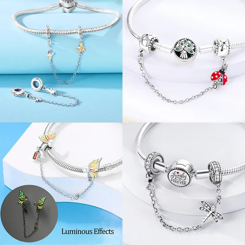 S925 Silver Cute Cat Heart Bead Safety Chain Fit Original Bracelet