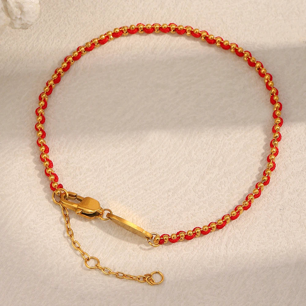 E.B.belle Lucky Red Rope Bracelet | 18K Gold Plated Stainless Steel Round Beads Unisex Fashion Jewelry Gift