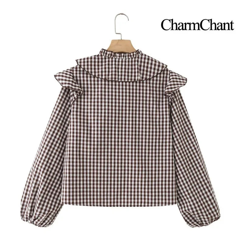 CharmChant Women’s Gingham Cropped Blouse 🌸 Ruffle Tie Neck Top ✨