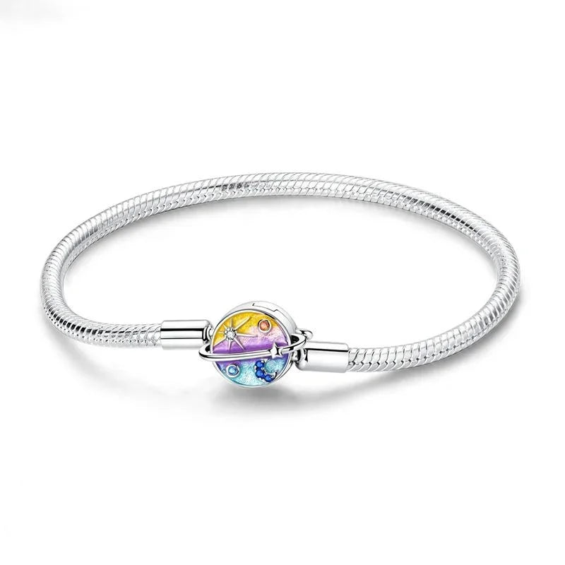 925 Sterling Silver Heart & Star Moon Bracelet | Pave Zirconia Snake Chain, Cat Claw Love Bangle for DIY Jewelry