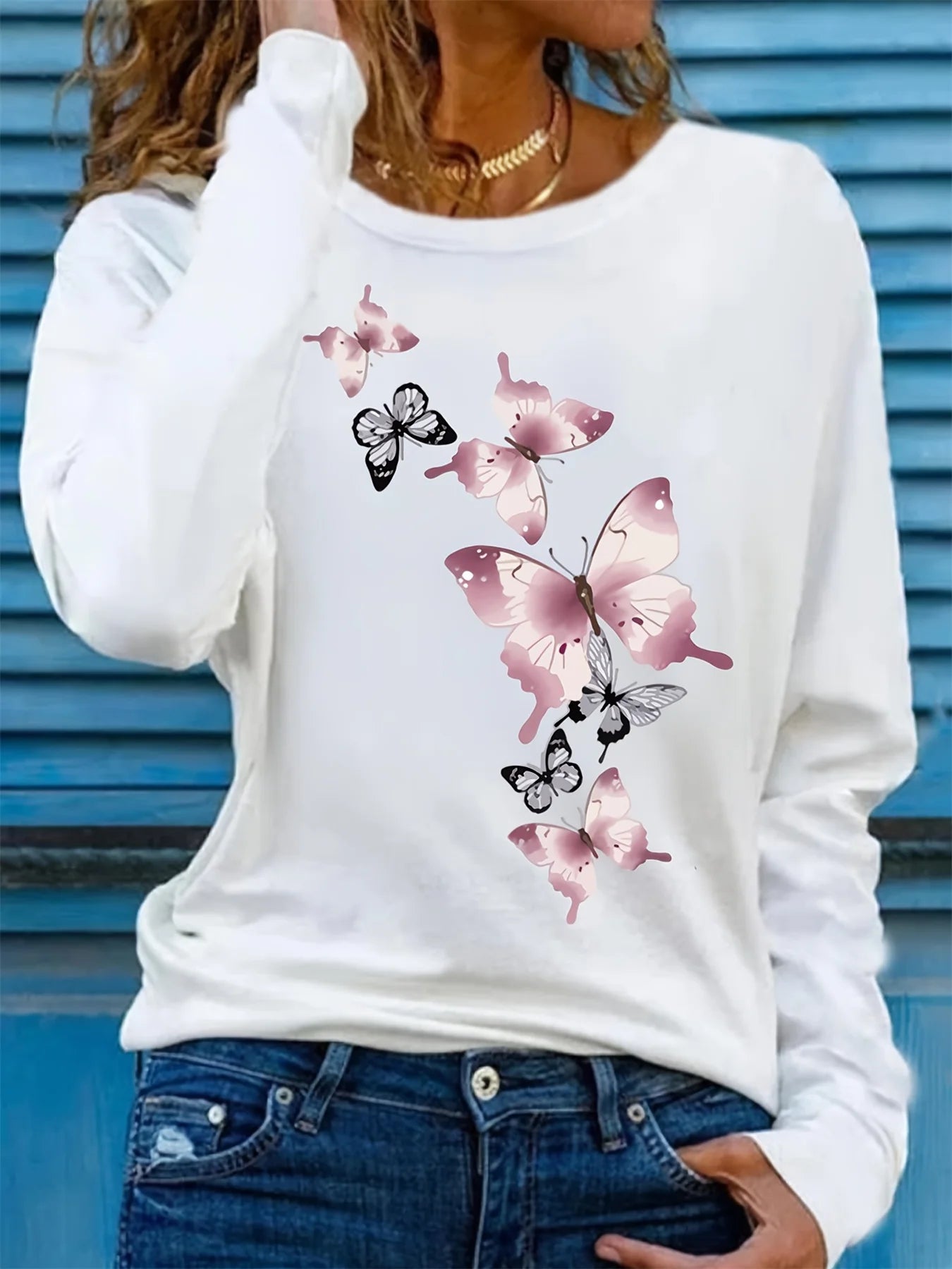 Women’s 100% Cotton Butterfly Print Long Sleeve T-Shirt | Casual Loose Round Neck Base Shirt for Spring & Autumn