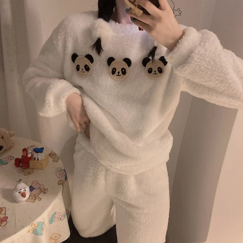 ❄️ Fleece Thick Warm Women’s Pajamas Set 🛌 Soft Winter Sleepwear | Cozy Solid Top & Plaid Pants Pijamas Home Suit ❤️