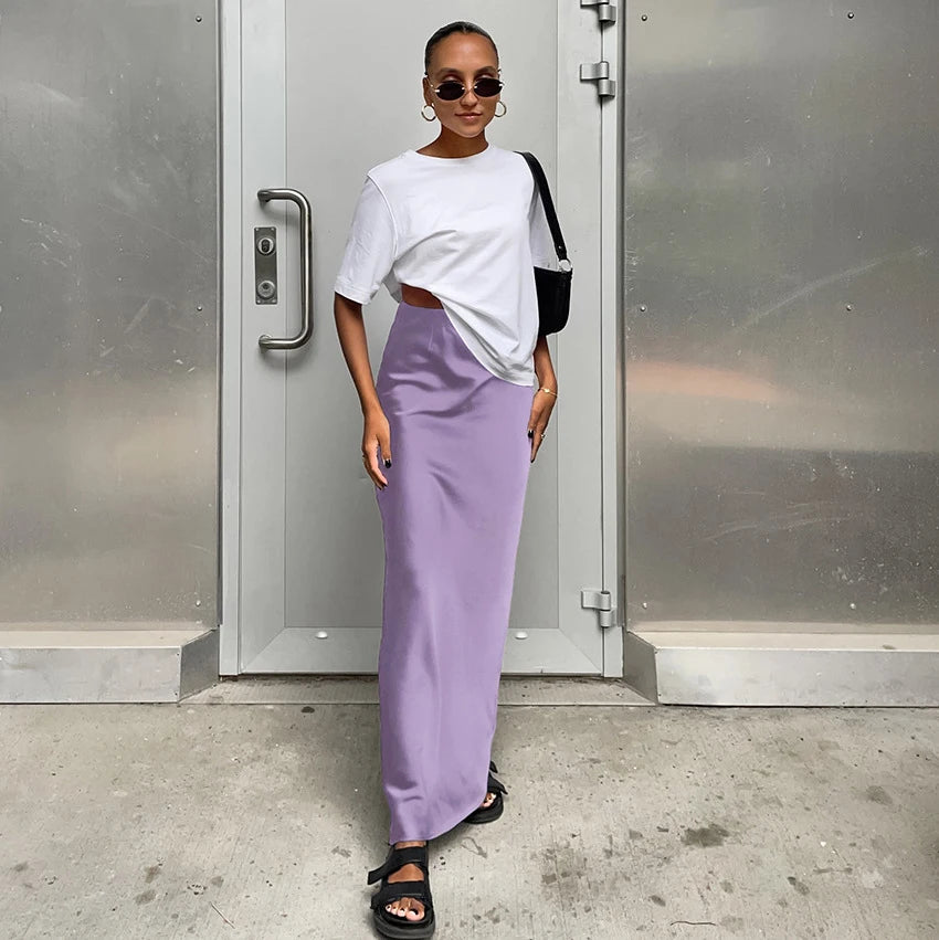 2024 Women’s Fashion Satin High Waist Midi Skirt – Stylish, Chic & Versatile Female Skirt