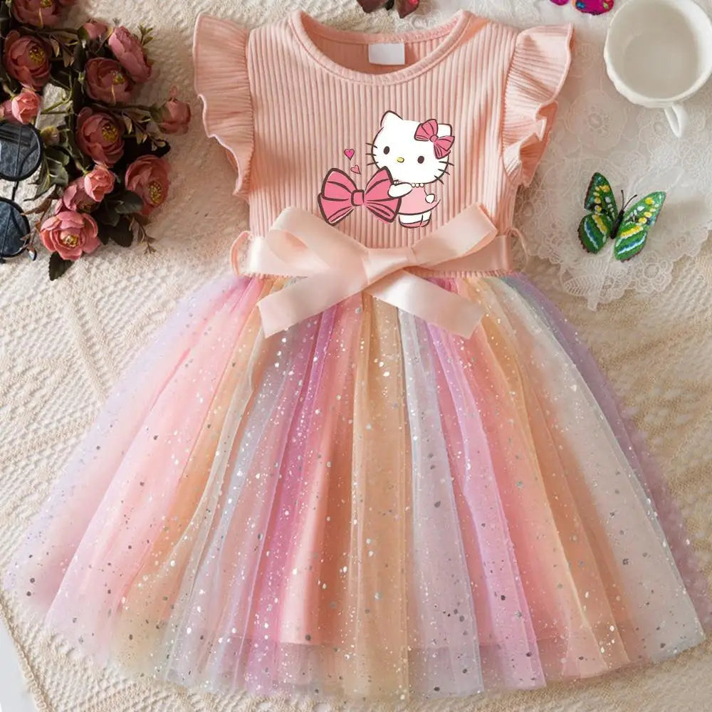 Hello Kitty Flying Sleeves Bow Sequin Princess Dress for Girls | Birthday Party Tutu Dress | Fluffy Baby Girl Dress 1–5 Years