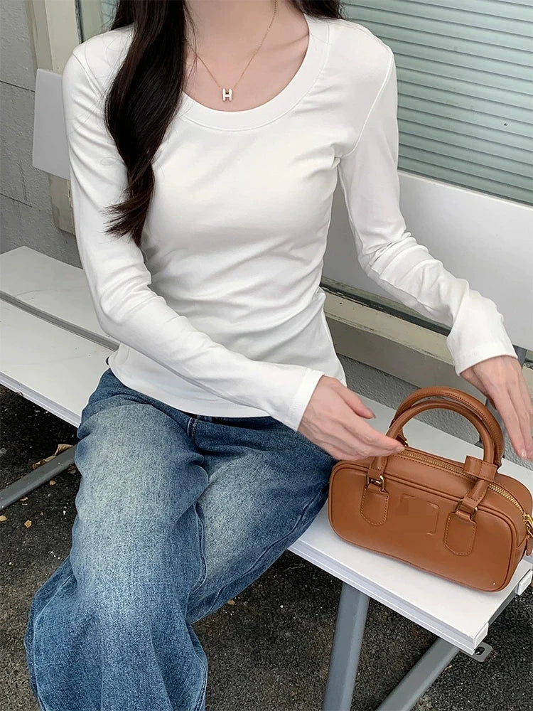 Women’s U-Neck Long Sleeve T-Shirt | Autumn Winter Cotton Slim Casual Top | Basic Solid Korean Style