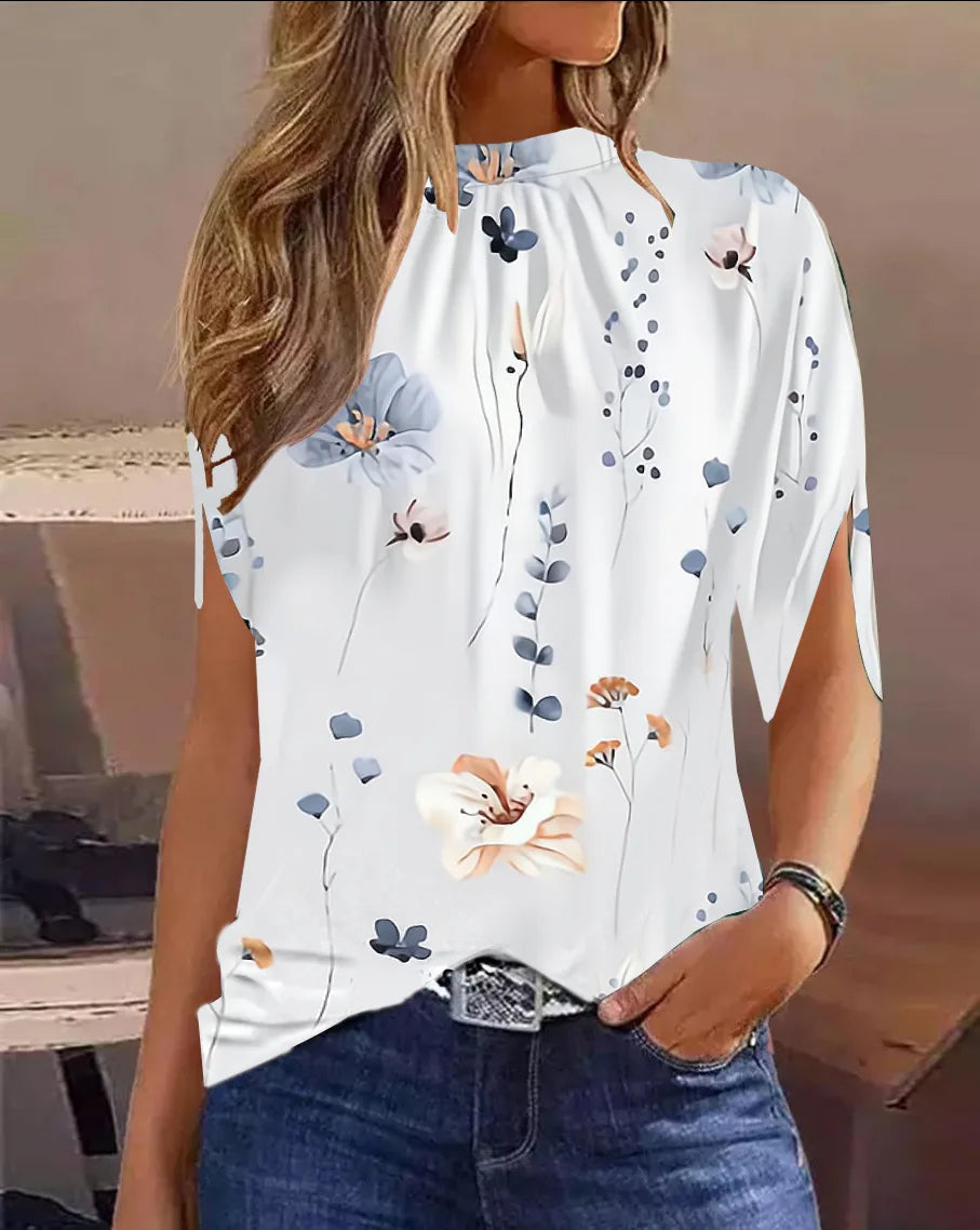 Fashion Shawl Design Short Sleeve Top – Vintage Green Gradient Print Loose Pullover Elegant O-Neck Blouse 🌿✨