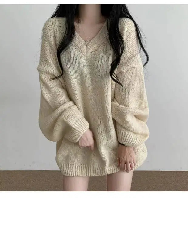 Soft Cozy Knitwear Women’s Loose Sleeve Sweater – Autumn Winter New Fashion V-Neck Long Sleeve Korean Commute Outerwear