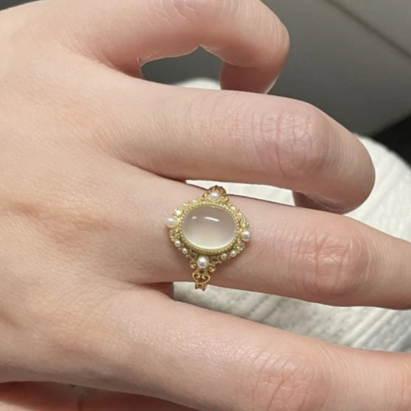 PANJBJ 925 Sterling Silver Hotan Jade Geometric Adjustable Ring | Retro Delicate Jewelry Gift for Women