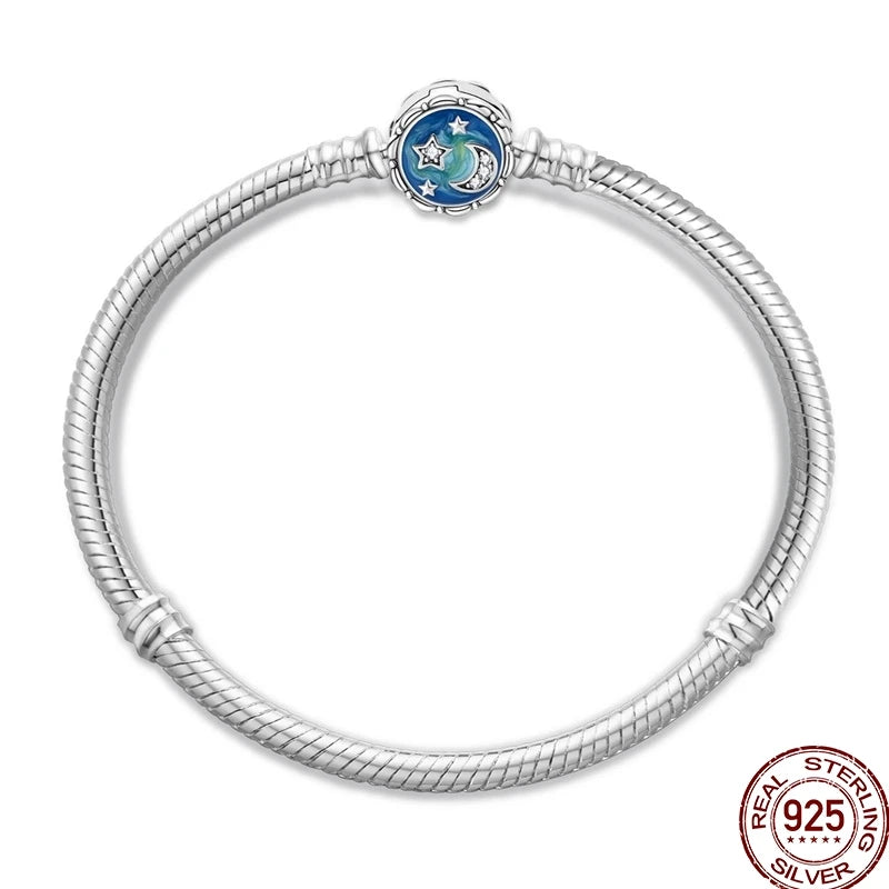 925 Sterling Silver Heart Moon Sun Clasp Charm Bracelet | 17–20CM Original Bracelet for Women | Fits Pandora DIY Beads Jewelry