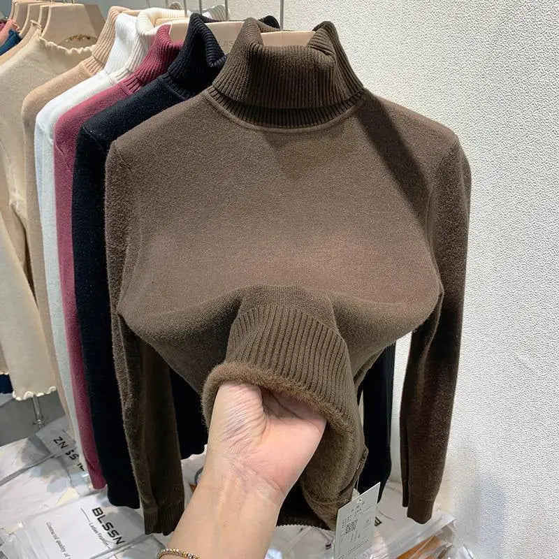 2025 Women’s High Collar Pullover Sweater – Thick Warm Soft Winter Top | Solid Color Bottoming Shirt