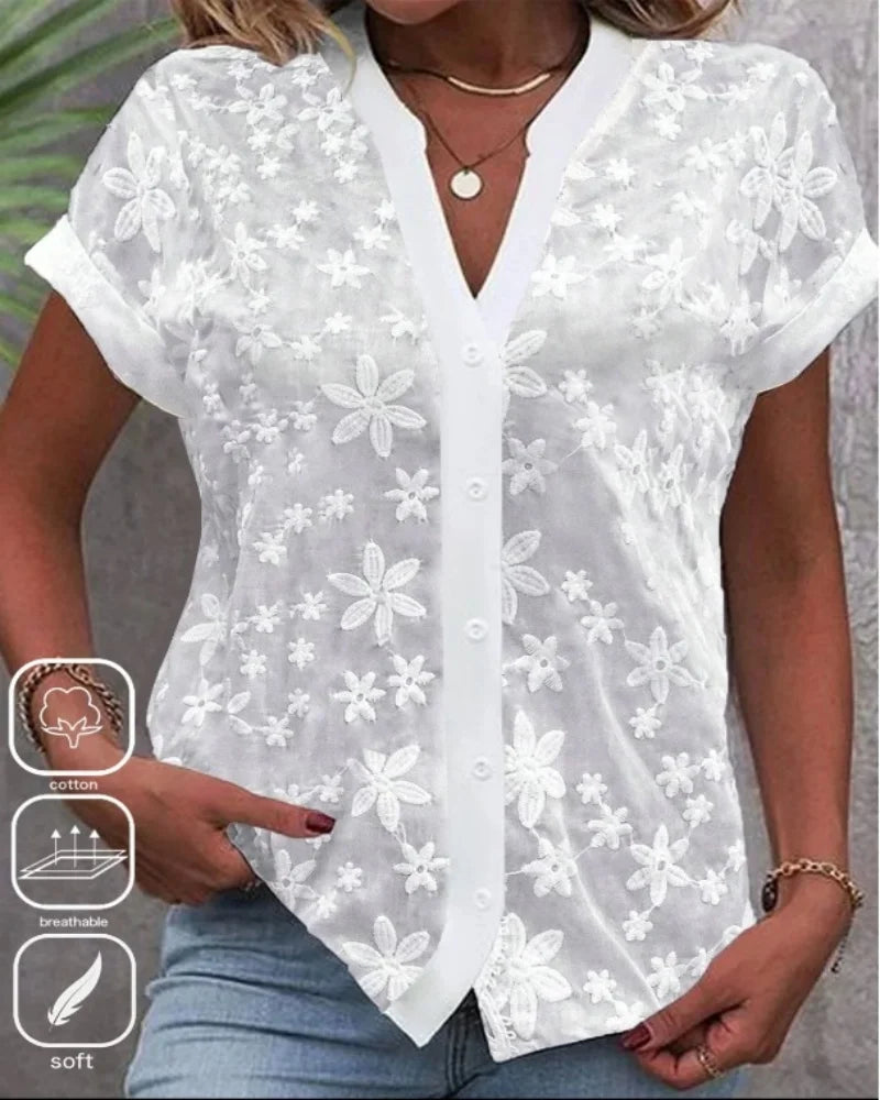 Women’s Cropped White Lace Blouse – Eyelet Cut Embroidery Hollow Out Summer Top 👚☀️