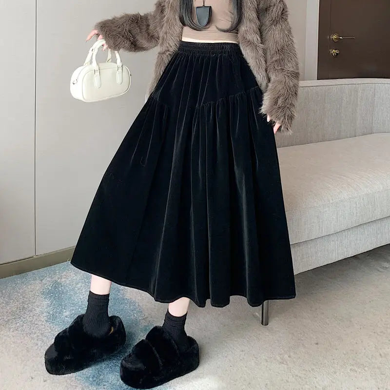 Plus Size Black Velvet Midi Skirt – High Waist A-Line Autumn Winter Mid-Length Skirt for Women