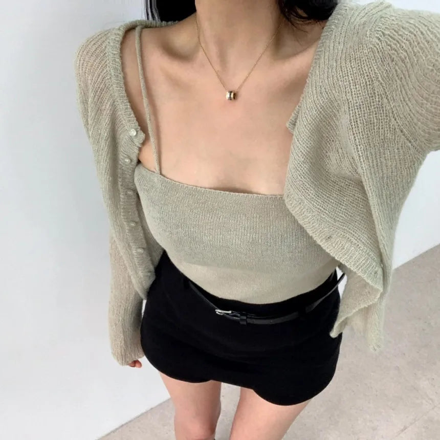 Simple round Ne Button up Knit Sweater Strap Set Casual Sle Polyester Fiber Open Cardigan for Women Autumn Winter ential