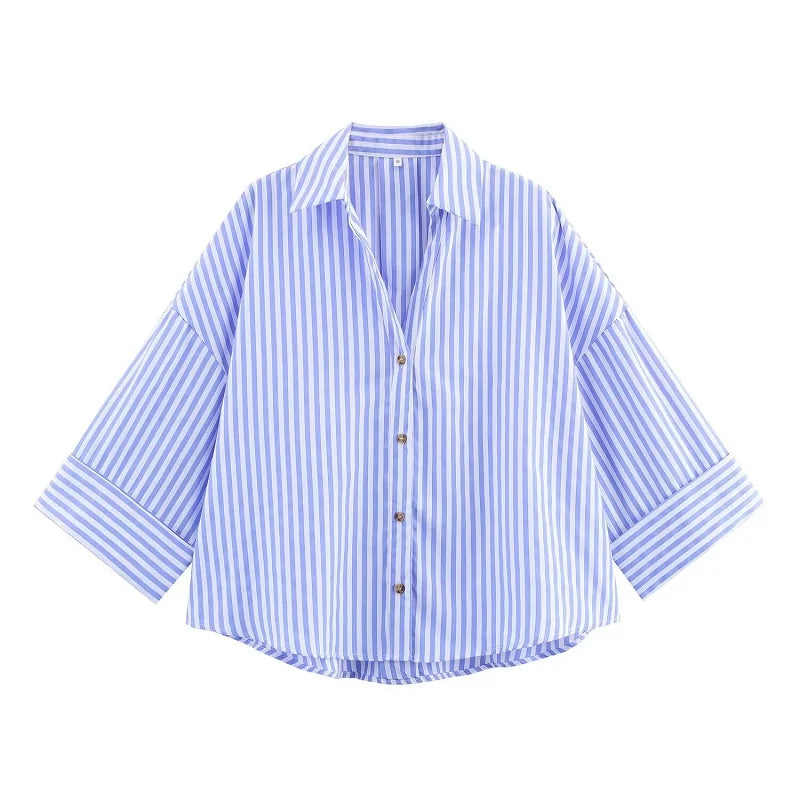 MUJER 2025 Oversized Striped Shirt for Women – Casual Wide Sleeve White Blue Summer Blouse Trendy Loose Top 👕✨