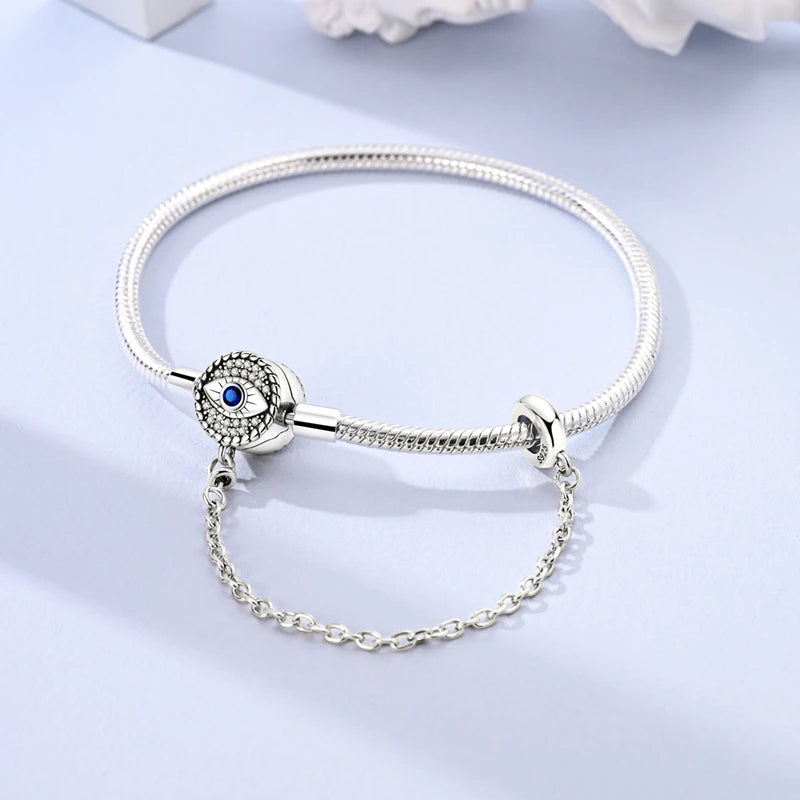 925 Sterling Silver Evil Eye Bracelet with Hand of Fatima | Blue Zircon Protection Charm Jewelry for Women